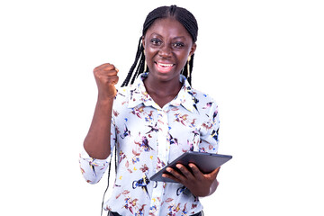 portrait of a happy young businesswoman with tablet.