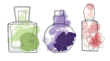 Set of perfume bottle sketch illustration. Isolated woman perfume. . Print for shirts, wallpaper, poster, cards, gift voucher