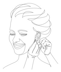 Silhouette of a lady. A woman wears an earring in a modern style with one solid line and leaves. Sketches for decor, posters, stickers, logo. Vector illustration.