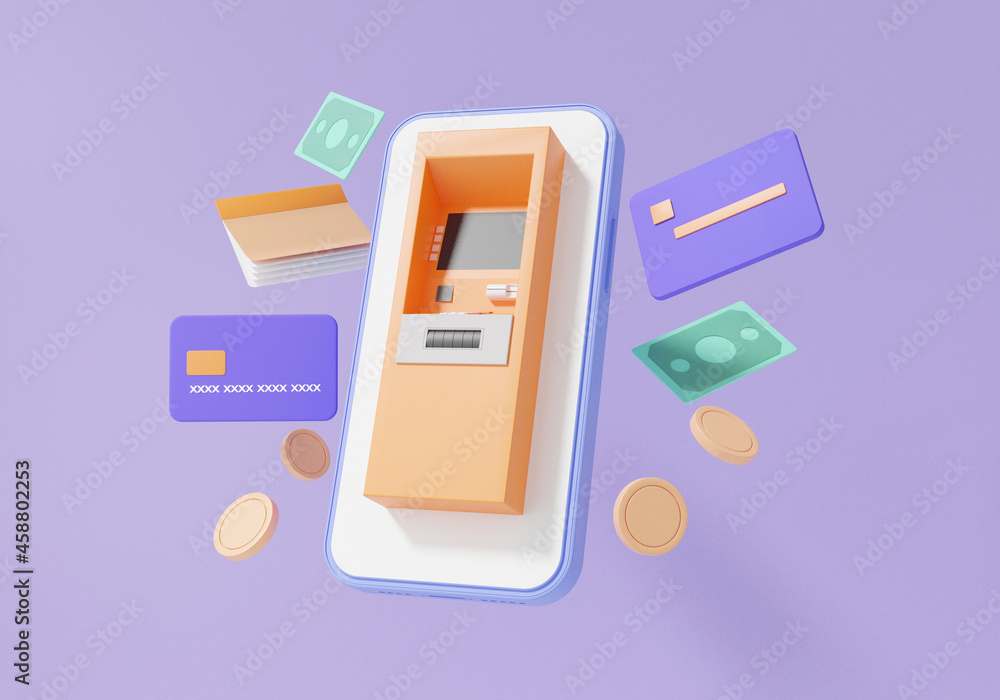 Poster 3d render account atm automatic deposit machine on smartphone floating on purple background transact
