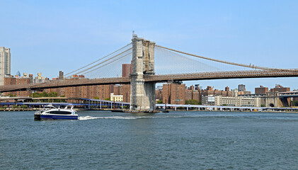 Famous Brooklyn Bridge (1883), hybrid cable-stayed, suspension bridge in New York City. United States