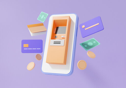 3D render Account atm automatic deposit machine on smartphone floating on purple background transaction internet banking. Money transfer concept. cartoon minimal. illustration.