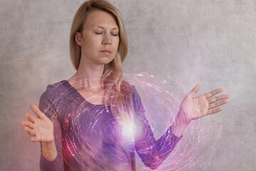Interaction with healing energy. Spirituality and mystique concept - obrazy, fototapety, plakaty