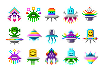 Pixel Art cute space monsters and colorful ufo aliens, space ships, robots, rockets for arcade video game. Cartoon aliens kids characters. Pixelated retro 8 bit computer game set. Vector illustration