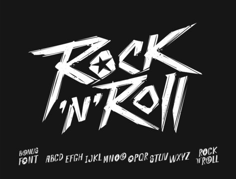 Rock n roll grunge style type font and poster vector template. Set of Rock'n'roll music logo and vintage style font alphabet for print stump tee and poster design. Rock music hand drawn lettering