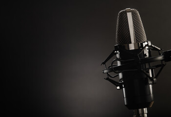 Studio microphone. Close-up. Gray background. Minimalism. Recording studio, vocals, conversational genre, concert, music. There is an empty space for your lettering.