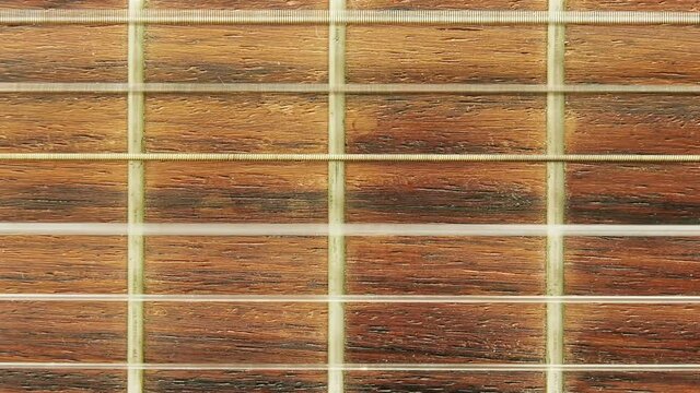 Guitar fretboard and strings close-up.