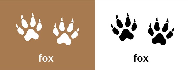 Fox paw print trail icon. Cat or dog foot print track icons vector set. Black and white. Isolated vector illustration. Paw silhouette. - obrazy, fototapety, plakaty