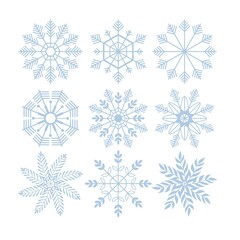 Fototapeta na wymiar Set of vector Snowflakes. Snowflakes collection for design Christmas and New Year banner and cards. Doodle line snow, Snowflakes icon. Crystal snow logo isolated on white background.