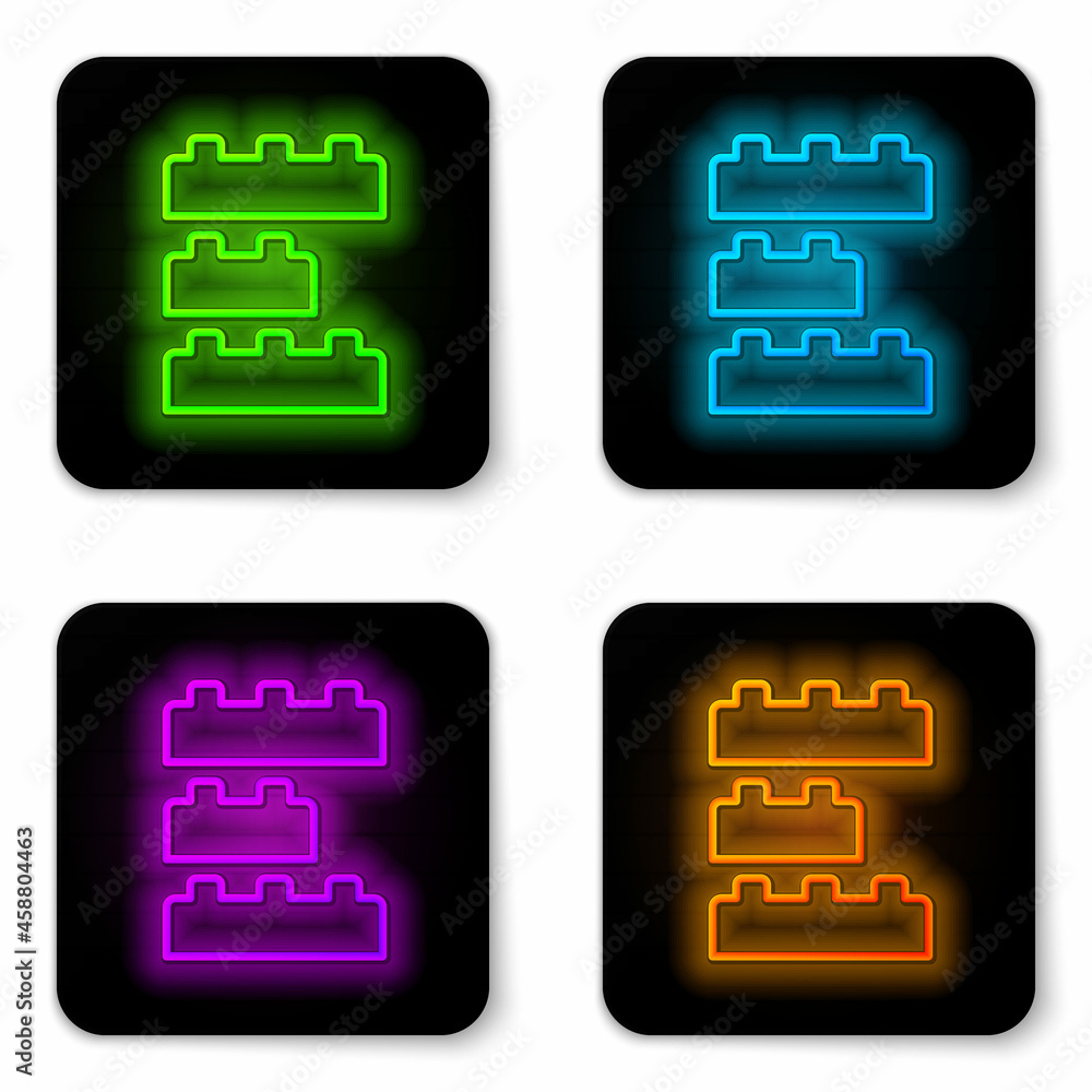 Poster glowing neon line toy building block bricks for children icon isolated on white background. black sq