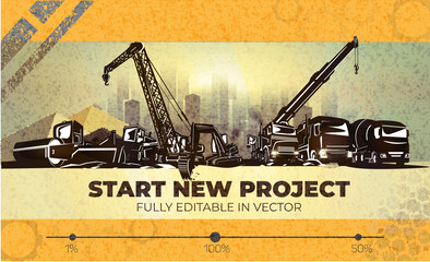 Various types of heavy construction equipment site in the city.