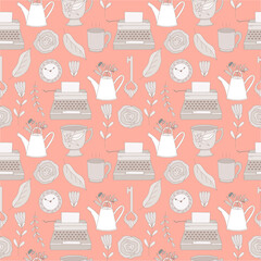 Vintage seamless pattern with flowers, keys, typewritter, leaves, cups and mugs, clocks and kettles.