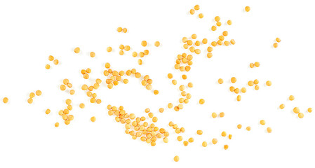 Dry yellow mustard seeds isolated on a white background, top view.