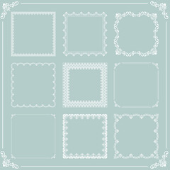 Vintage set of elements. Different square white elements for decoration and design frames, cards, menus, backgrounds and monograms. Classic patterns. Set of vintage patterns