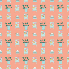 Vintage seamless pattern with flowers, keys, typewritter, leaves, cups and mugs, clocks and kettles.
