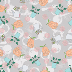 Vintage seamless pattern with flowers, watering can and plants on a grangy background.