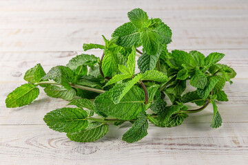 beautiful bunch of fresh green mint on a white wooden background with natural shadow