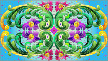 Illustration in stained glass style with abstract flowers, leaves and curls on a blue background, rectangular horizontal image