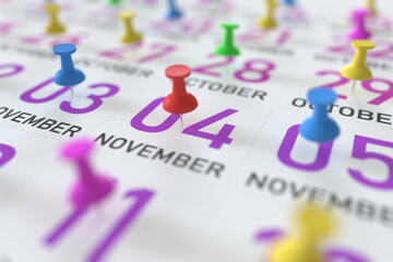 November 4 date marked with red pushpin on a calendar, 3D rendering