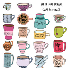 Set of hand drawn colorful doodle cups.