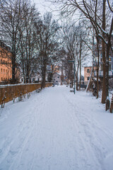 Winter landscape in the city of Braunschweig, Germany. Snow covered pedestrian and bicycle way called Ringgleis. Winter season with heavy snowfall