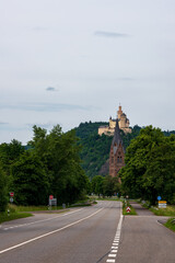 The Marksburg am Rhein above the Lambertuskirche in Spay am Rhein in Germany.