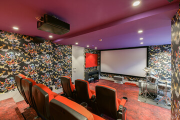 Private home cinema and hard rock metallic music drums