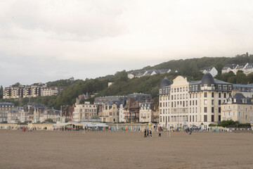 Trouville sur Mer Beach scene on an Overcast Day, Establishing Shot