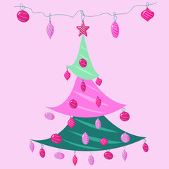 Fototapeta na wymiar Christmas tree decorated with toys on a pink background