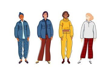 Group of fashionable women with warm sweatshirt and trousers. Casual cozy clothes. Warm clothes for home, recreation and cold weather walks. Linear Vector sketch icon. Girls on winter or autumn walk