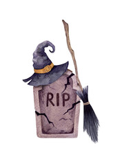 Watercolor hand drawn headstone with witch hat and broom. Nice halloween composition for your design on white background isolated. Happy Halloween!