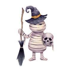 Watercolor mummy in witch hat with broom and skull. Cute hand drawn halloween element on white backgroun.