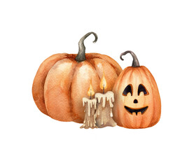 Watercolor halloween pumpkins. Nice festive composition with pumpkin and candles om white background isolated.