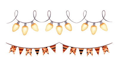 Two hand drawn watercolor garlands on white background isolated. Festive elements.