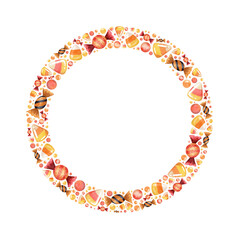 Watercolor round frame. Many halloween sweets. Orange, red, yellow, black colors. Hand drawn frame.