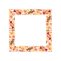 Watercolor hand drawn square frame. Many halloween sweets. Orange, red, yellow, black colors. Nice halloween frame design.