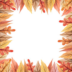 Watercolor hand drawn square frame. Autumn elements on white background. Yellow, orange, red, purple leaves. Cute autumn design.