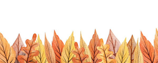 Watercolor saemless border. Autumn hand drawn endless pattern. Orange, brown, yellow, red autumn leaves. Nice season border.