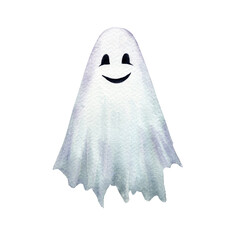 Watercolor cute ghost. Hand drawm phantom on white background isolated. Happy Helloween!