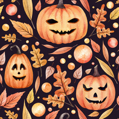 Hand drawn endless texture. Halloween watercolor saemless pattern. Orange pumpkins, autumn leaves and another elements. Nice festive wallpaper for your design.