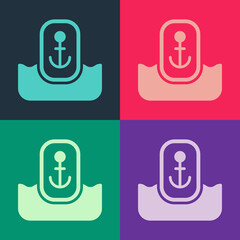 Pop art Map pointer with anchor icon isolated on color background. Vector