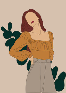 Vertical illustration of a faceless woman posing with a body-color background