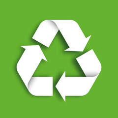 Universal Recycling Symbol. Theme of low or zero waste, clear energy, natural resources conservation, natural ecosystems protection or ecological sustainability of the planet. White 3D vector symbol