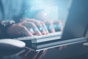 Male students in hand display new virtual education technology touch screen through online and onsite websites from home.