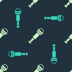 Green and beige Spyglass telescope lens icon isolated seamless pattern on blue background. Sailor spyglass. Vector