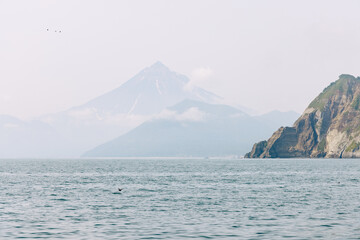 Photo of a volcano in Kamchatka in low clouds and fog with haze from the Pacific Ocean