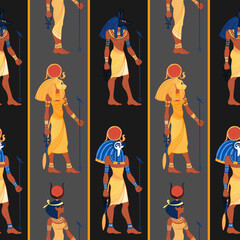 Ancient Egypt. Vintage seamless pattern with Egyptian gods. Retro hand drawn vector repeating illustration. Ra, Isis, Anubis, Sekhtmet.