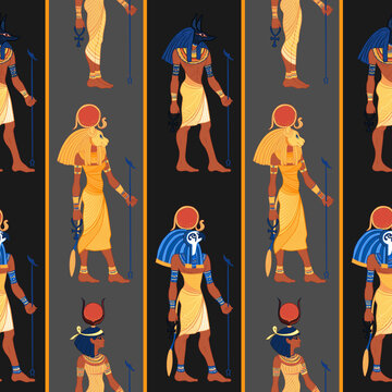 Ancient Egypt. Vintage seamless pattern with Egyptian gods. Retro hand drawn vector repeating illustration. Ra, Isis, Anubis, Sekhtmet.