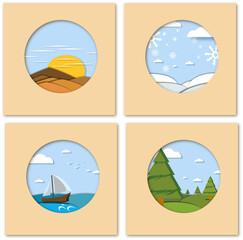 LANDSCAPE VIGNETTE  PAPER CUT season, autumn, winter, spring, summer, nice shadows