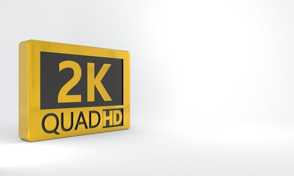 2k QUAD HD black and gold sign. Isometric tag, label, button or icon on diagonal position over white background. High definition or resolution concept